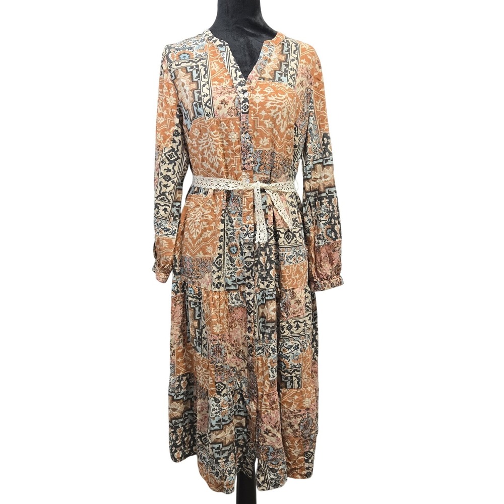 Denim & Co. Canyon Retreat Printed Tiered Midi Dress Patchwork Boho Chic Cottage
